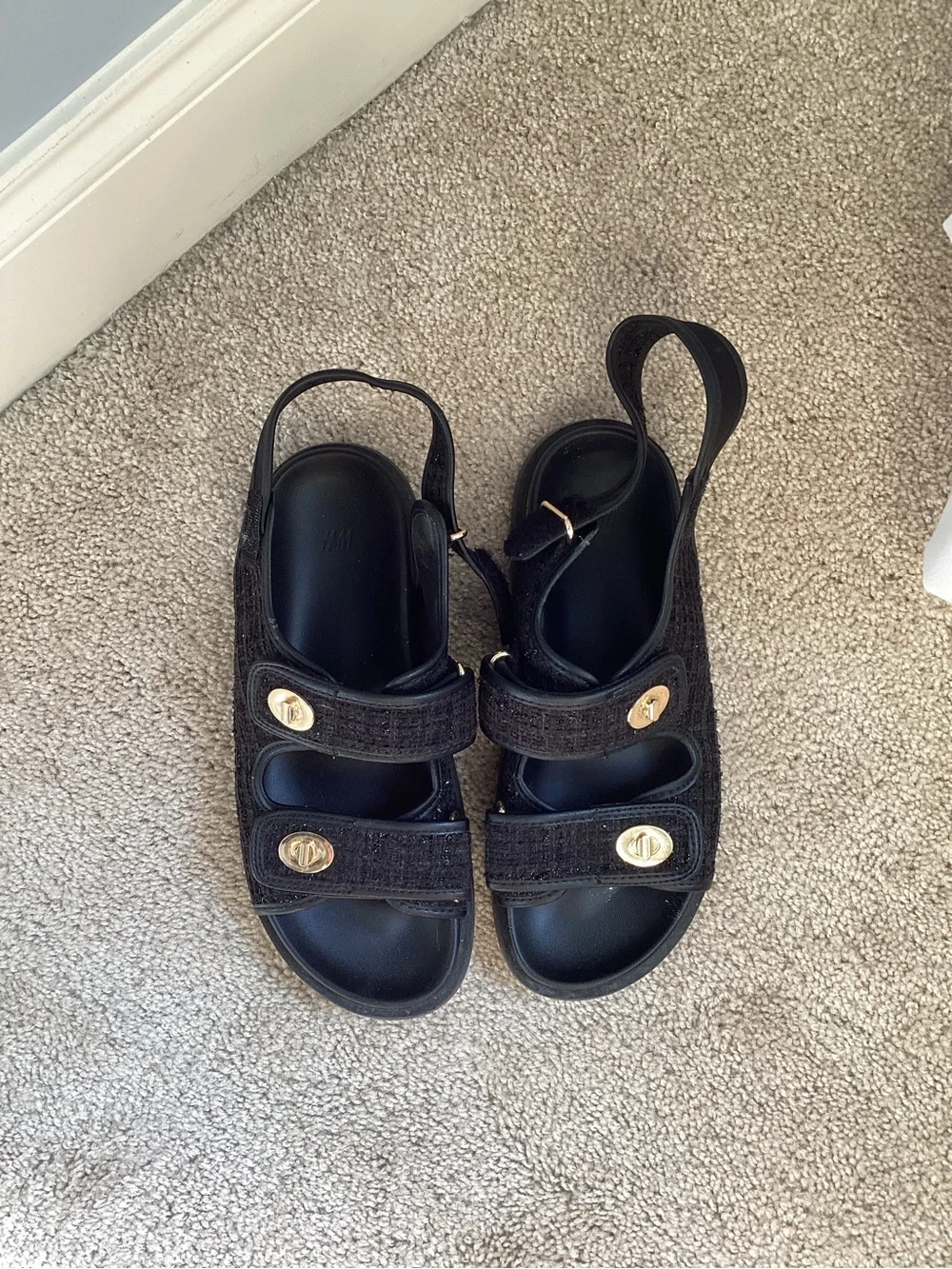 H&M Black Sandals with Gold-Tone Button Accents - designer dupe!